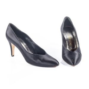 Yves Saint Laurent Black Satin Fabric Stiletto Heel, Pump, Pointed Toe, Size 9M